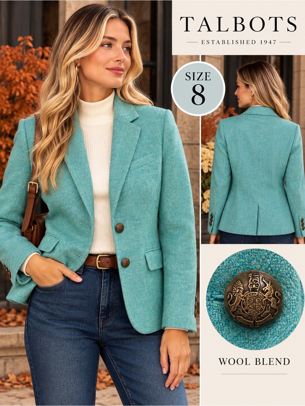 Talbots Size 8 Aqua Turquoise Wool Blend Blazer Crest Buttons